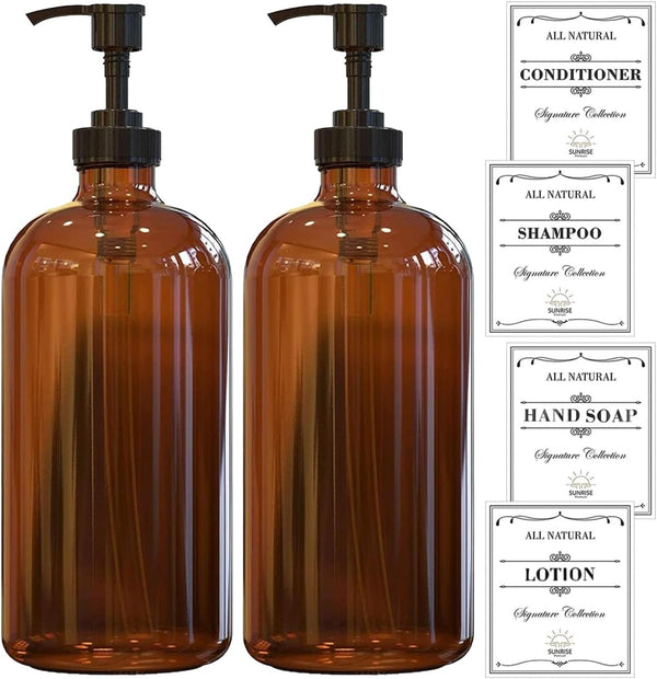 16 OZ Thick Amber Glass Soap Dispenser with Plastic Pump, 2 Pack, Hand and Dish Soap Dispenser Set with Labels