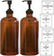 16 OZ Thick Amber Glass Soap Dispenser with Plastic Pump, 2 Pack, Hand and Dish Soap Dispenser Set with Labels