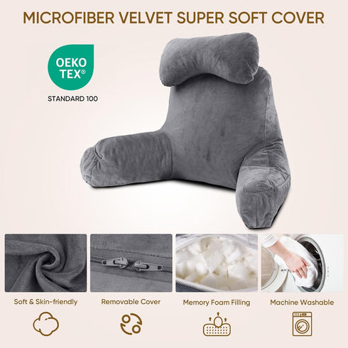 25''H Reading Pillow for Sitting in Bed Adult, Bed Pillow with Shredded Memory Foam, Pillow with Detachable Neck Roll