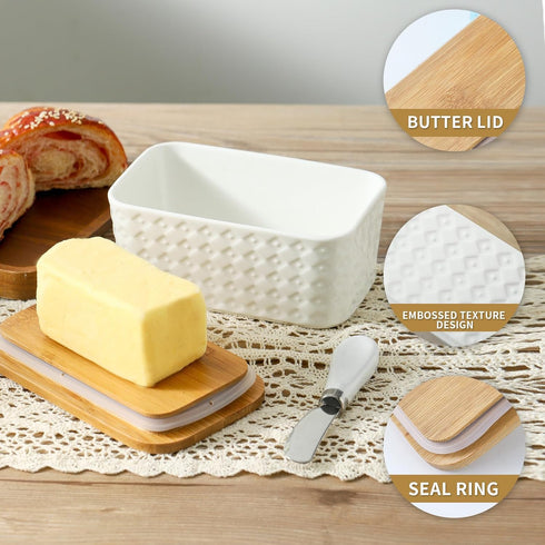 Large Ceramic Butter Dish with Lid, Airtight Cover for Countertop or Refrigerator, White Embossed Pattern