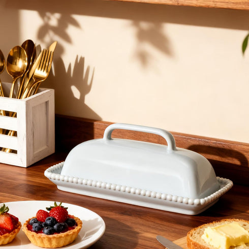 Countertop White Ceramic Butter Dish with Lid-Vintage Pearl Embossed Edge & Large Arc Handle-Keeps Butter Fresh on