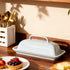Countertop White Ceramic Butter Dish with Lid-Vintage Pearl Embossed Edge & Large Arc Handle-Keeps Butter Fresh on