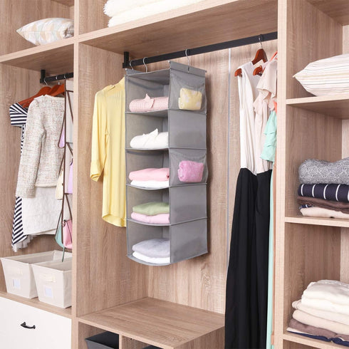 MAX Houser 5 Shelf Hanging Closet Organizer - Space Saver with (4) Side Pockets, Foldable, Light Grey