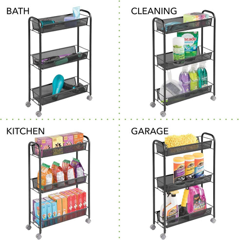 mDesign Steel Rolling Utility Cart with 3 Basket Shelves - Storage Organizer Trolley for Bathroom, Garage, Laundry Room