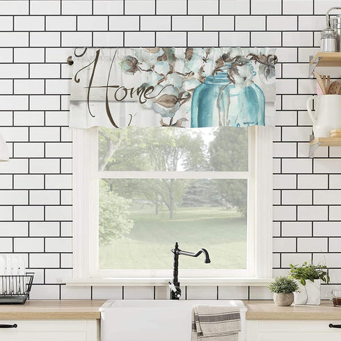Mason Jar Cotton Flower Valances for Windows - 54x18 inch Rod Pocket Kitchen Curtains, Floral Wooden Plank Design