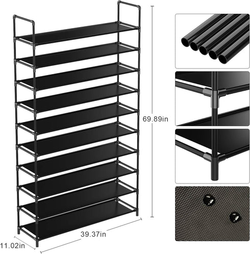 KIKIONLIFE 10 Tiers Shoe Rack Tower Storage Organizer Cabinet Black