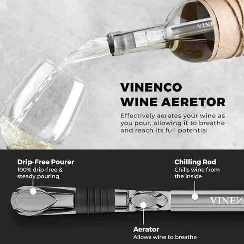 Wine Chiller Set with 2 Chill Rods + Foil Cutter, Stopper, Ebook - Premium 3in1 Stainless Steel Bottle Cooler Stick, Decanting Aerator & Drip-Free Pourer | Design Bar Tasting Accessory Gift Men Women