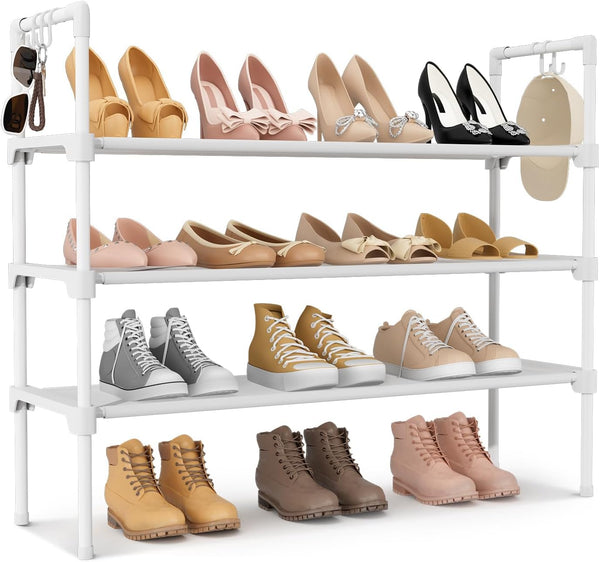 LANTEFUL 3 Tier Shoe Rack for Closet, Shoe Organizer with 5 Hooks,