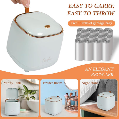 Mini Countertop Trash Can with 12 Rolls of Trash Bags, Tiny Desk Trash Can with Press Type Lid for Bathroom Vanity