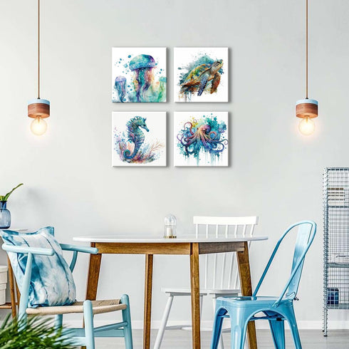16x16" 4P Sea Turtle Bathroom Decor Ocean Animals Canvas Wall Art Nautical Theme Teal Octopus Pictures Nursery Kids