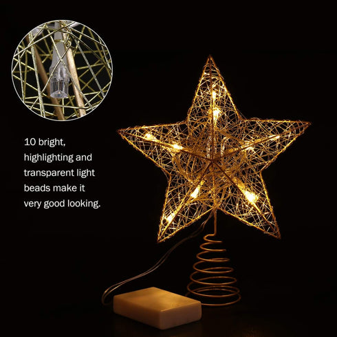 10 Inches LED Christmas Tree Topper, Glitter Gold Hollow Star Treetop, Christmas Ornaments for Tree Decor