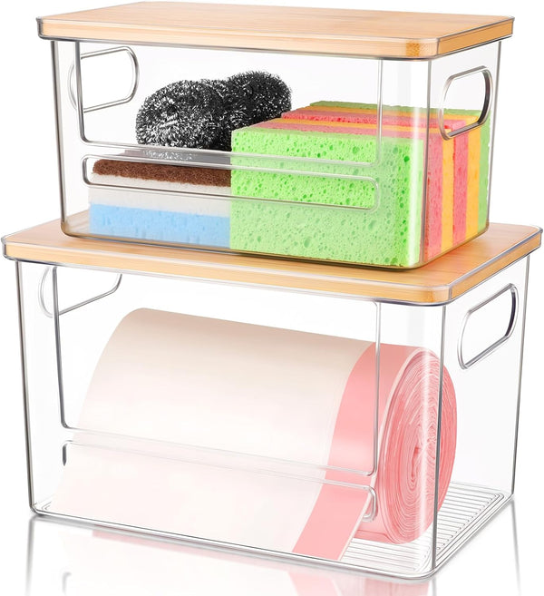 Trash Bag Holder Dispenser 2 Pack, Garbage Bag Dispenser with Bamboo Lid