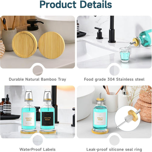 BTIFU Countertop 14oz/410ml Glass Mouthwash Dispenser for Bathroom Refillable Mouthwash Bottle with Stainless Steel