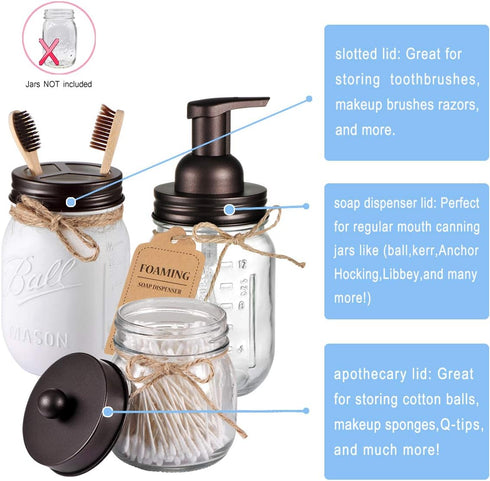 Mason Jar Bathroom Accessories Set (4pcs) - Foaming Soap Dispenser, Toothbrush Holder, Apothecary Storage Jars