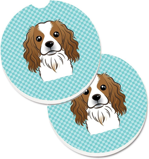Caroline's Treasures BB1162CARC Checkerboard Blue Cavalier Spaniel Set of 2 Cup Holder Car Coasters, Large, Multicolor