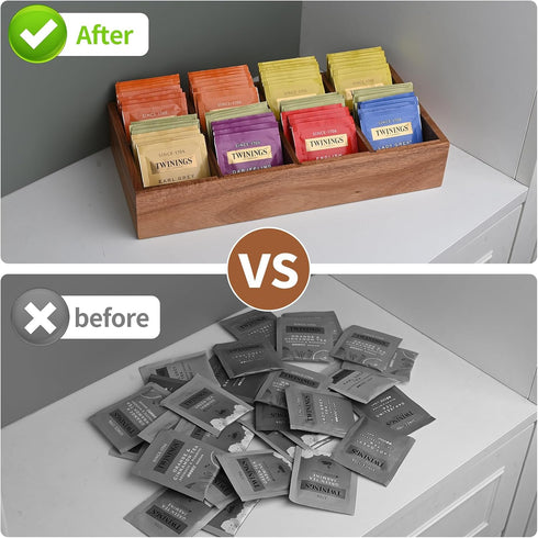 Acacia Wood Tea Bag Organizer with 8 Slots, Tea Bag Holder and Sugar Packet Storage for Countertops