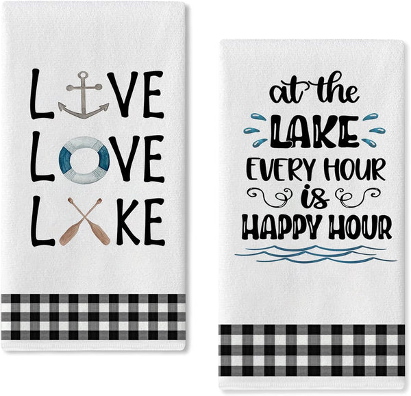 Seliem Live Love Lake House Kitchen Dish Towel Set of 2 - Black White Buffalo Plaid Check Anchor Paddle Hand Drying