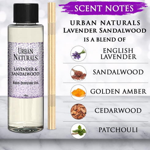 Urban Naturals Lavender & Sandalwood Scented Oil Reed Diffuser Refill, 4 oz, Includes Free Reed Sticks
