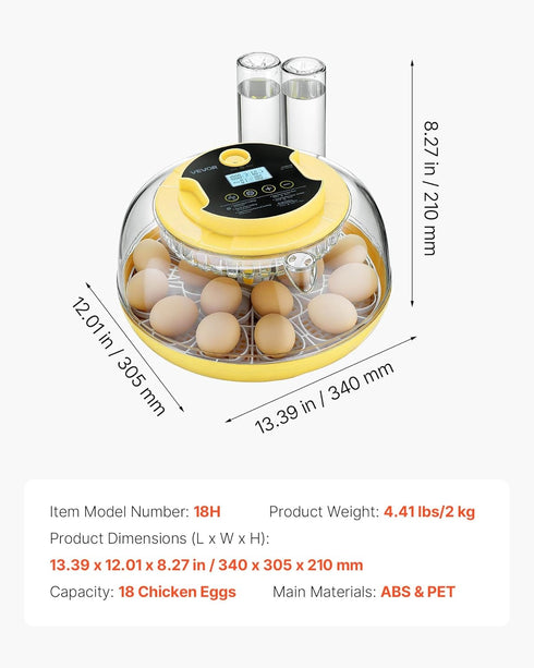 18 360 VEVOR Egg Incubator, Automatic Egg Turner with LED Candler, Temperature & Humidity Control, View Clear Window