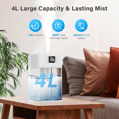 4L 40H 360 Nozzle, JRD Humidifiers for Bedroom, Cool Mist Humidifier for Large Room, Runtime, Night Light for Home