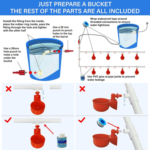 Set 304 Complete Pipeline Automatic Chicken Waterer System with PVC Pipeline and Stainless Steel Hose, Chicken Water