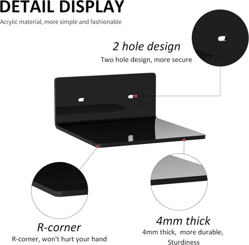 6 Inches Small Black Wall Shelves Set of 2, Wall Mounted Display Shelf Rack for Smart Speaker, Clock