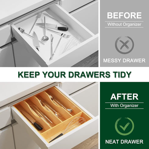 Bellsal 10 Inch Utensil Organizer, Silverware Tray for Drawer, 5 Compartment Bamboo Cutlery Organizer