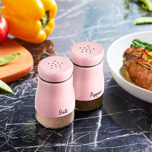 Bivvclaz 5 oz Stainless Steel Pink Salt and Pepper Shakers Set with Glass Bottom, Cute Kitchen Decor and Accessories,