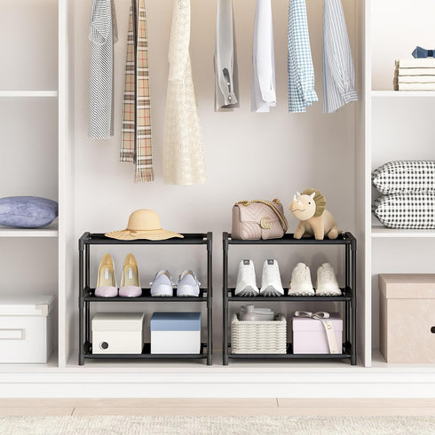 3 Tier Small Shoe Rack, Narrow Stackable Organizer Shelf for Kids Toddler Adult Shoe Storage, Free Standing