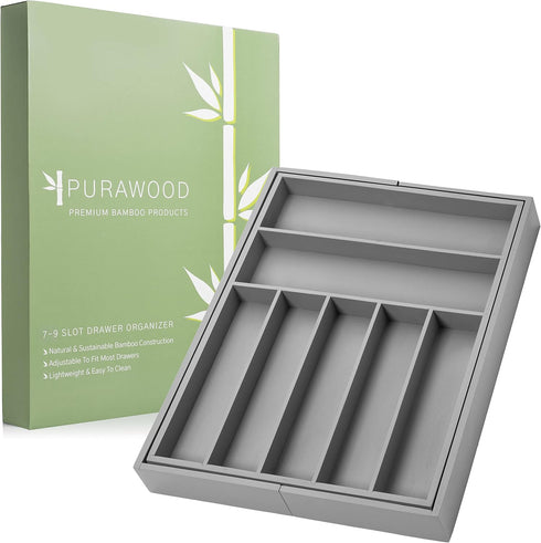 Purawood Large Bamboo Silverware Organizer - Expandable Kitchen Drawer & Utensil Tray with Drawer Dividers (Grey)