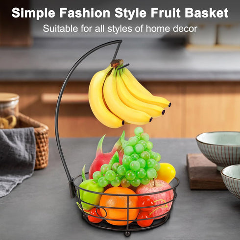 Countertop Fruit Basket Bowl with Banana Hanger, Modern Storage for Fruits and Vegetables, Round Metal, Black