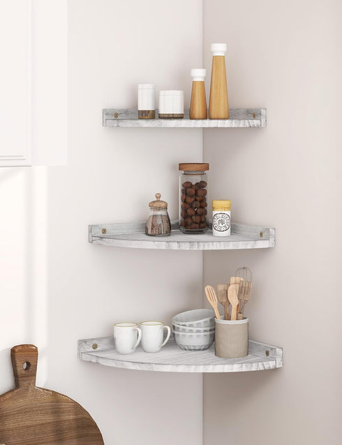 9.68x9.68 Inch Corner Shelves Wall Mount, Rustic Natural Wood Corner Floating Shelf, Distressed White Storage Organizer