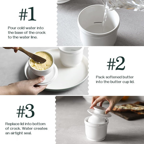 DOWAN Porcelain Butter Crock, French Butter Dish for Fresh Spreadable Butter, Butter Keeper with Water Line, No More