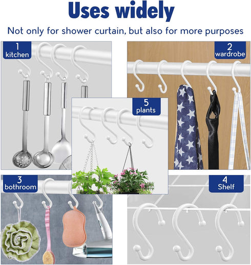 Metal Shower Curtain Hooks, Set of 12 Rust Resistant S Shaped Rings for Shower Curtains, Kitchen Utensils, Towels