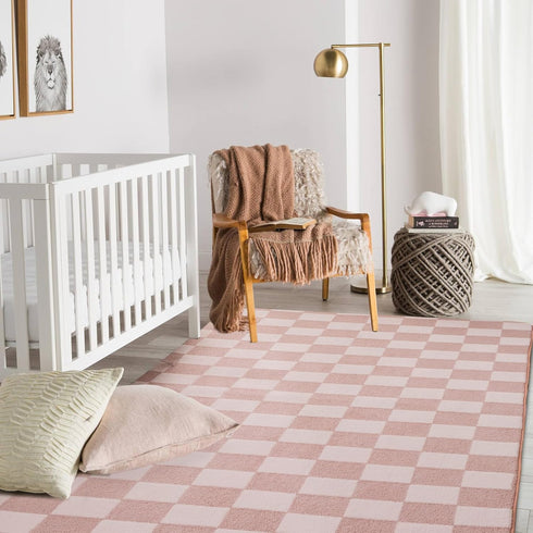 Btargot 64ft Light Pink Checkered Area Rug for Living Room, Princess Prince