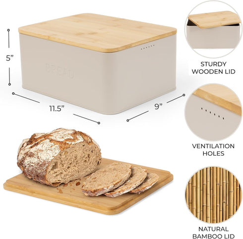 Beautiful Bread Box with Wooden Lid for Kitchen Countertop, Spacious Container for Homemade Bread, Muffins, Bagels