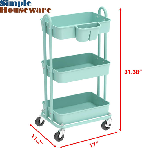 3-Tier Simple Houseware Multifunctional Rolling Utility Cart with Hanging Bucket, Turquoise