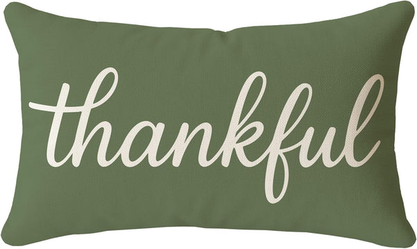 Thankful Pillow Cover 12x20 Inch Olive Green Lumbar Decorative Cushion Case Rustic