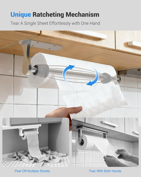 Paper Towel Holder Under Cabinet, One-Handed Tear, Wall Mount, Adhesive, Silver, Paper Roll Holder with Ratchet