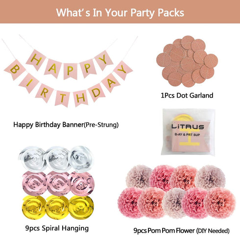 Rose Gold Birthday Decorations Kit, 20-Pc Set with Happy Birthday Banner, Tissue Paper, Garland & Swirls