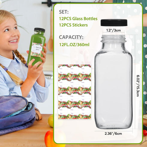 12 oz 12Pack, 360ml (12fl.oz, Set 12) Alotpower Glass Juice Bottles with Lids Square Reusable Drinking Bottles