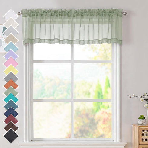 OVZME 2 Panels Sage Green Sheer Valance - Short Curtain Valances for Kitchen Window, Dual Rod Pocket (42 by 14 Inches)