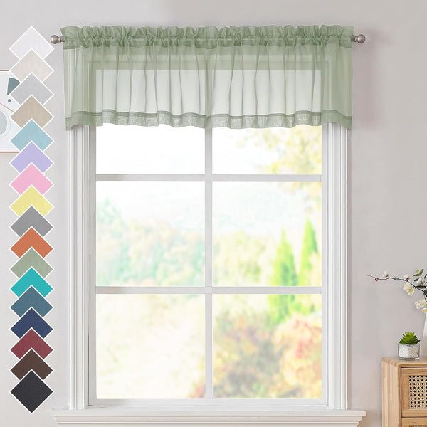 OVZME 2 Panels Sage Green Sheer Valance - Short Curtain Valances for Kitchen Window, Dual Rod Pocket (42 by 14 Inches)
