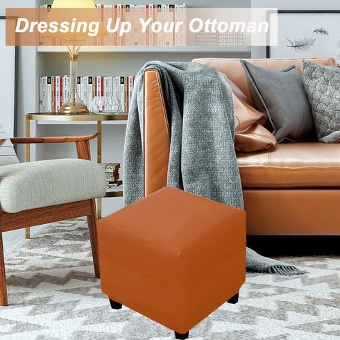 Waterproof Ottoman Cover Square Stretch PU Soft Folding Storage Ottoman Cover with Elastic Bottom Cube Footrest Foot