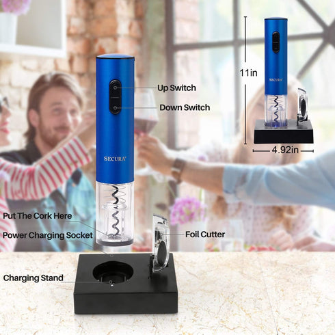 Secura Electric Wine Opener, Automatic Corkscrew with Foil Cutter, Rechargeable (Blue)