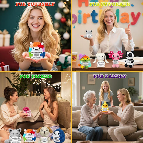 AicooFest 9pcs Positive Crochet Animals Emotional Support Plushies with Messages Positive Cat Bunny Duck Shark Employee