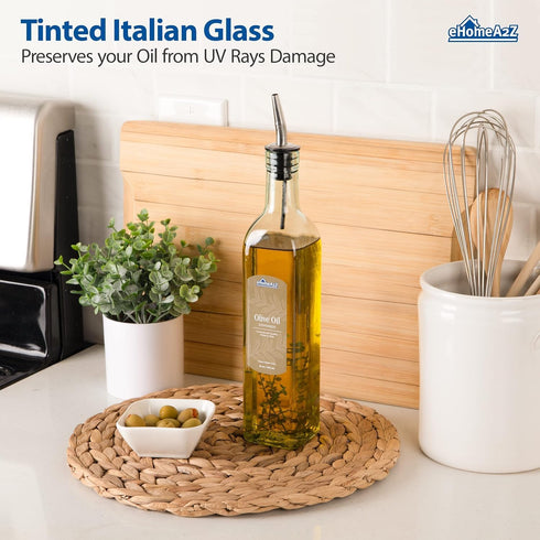 EHOMEA2Z Italian Glass Olive Oil Dispenser Bottle, 16 Oz, Stainless Steel Spout, Slight Green Tint
