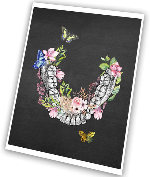 GnosisCollageArt Dental Art Human Teeth Anatomy, Flower Butterflies Set of 2 Unframed Prints