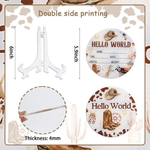 Acrylic Baby Birth Announcement Sign with Stand, Western Cowboy Theme Double-Sided Newborn Name Board, Hello World