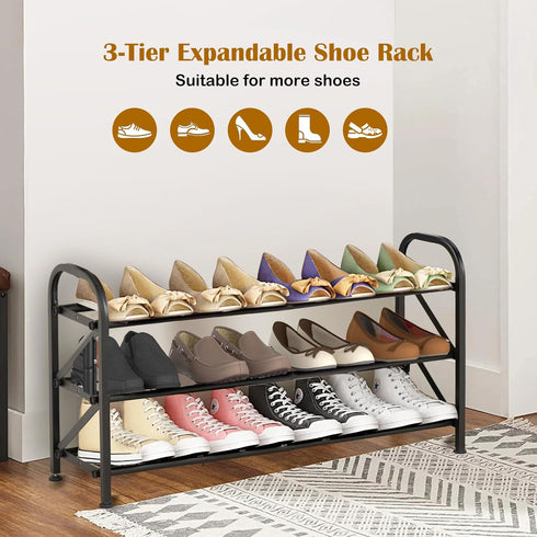 3-Tier ClosetAdjustable Closet Expandable Shoe Rack for Shoe RackBlack Metal Free Standing Shoe Rack for Entryway